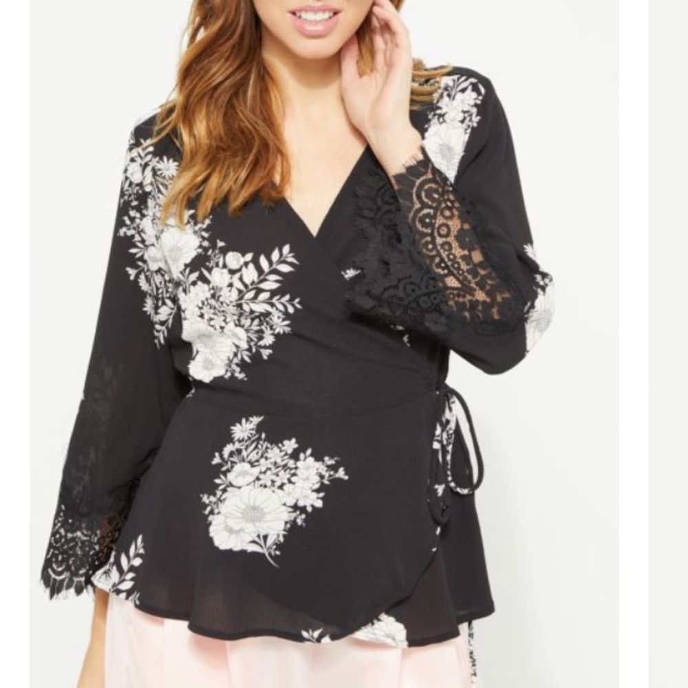 Black Floral Lace Bell Sleeve Surplice Top